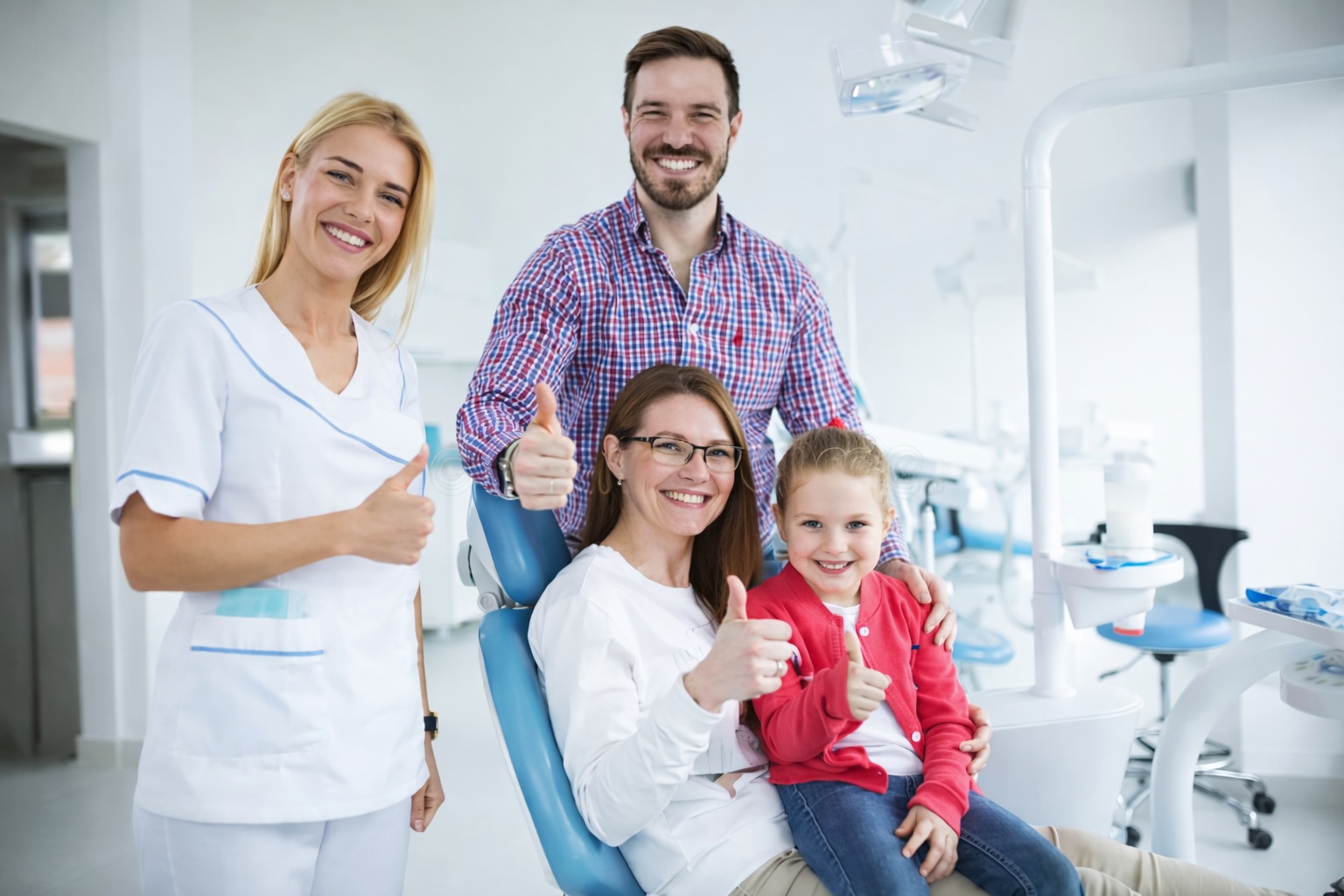 A smiling dental team with a mother, father, and daughter giving thumbs up in a dental clinic setting, showing a positive and welcoming atmosphere.