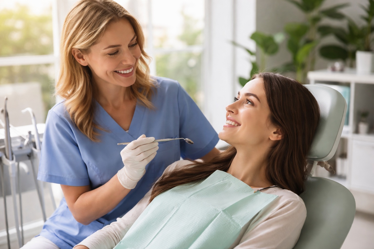 Smiling dentist assisting a relaxed patient in a modern dental clinic with natural light and greenery.