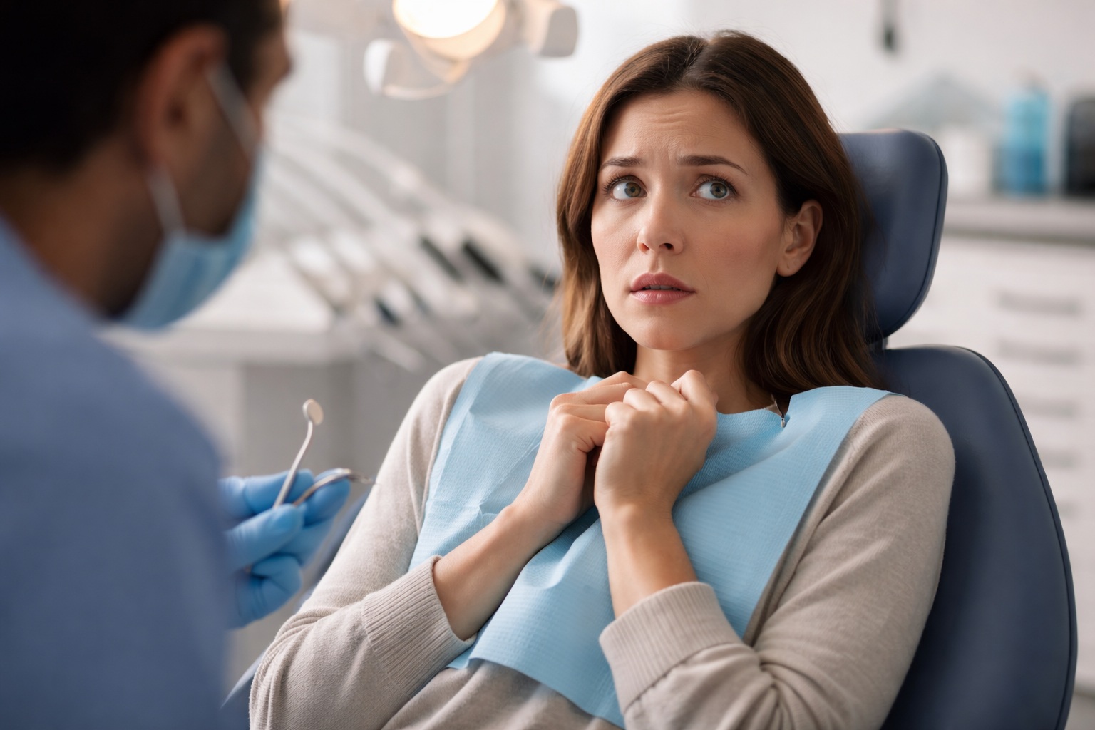woman expressing fear for her dental exam