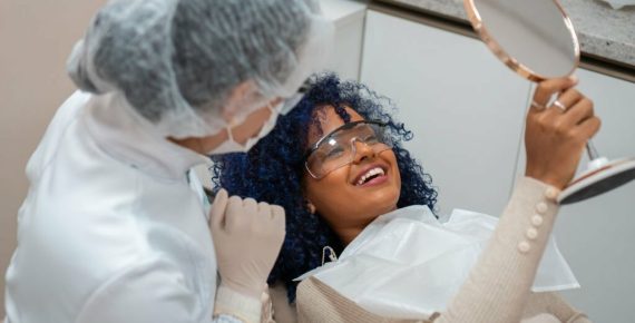 Woman, Doctor, Dental Office, Smiling, Mirror